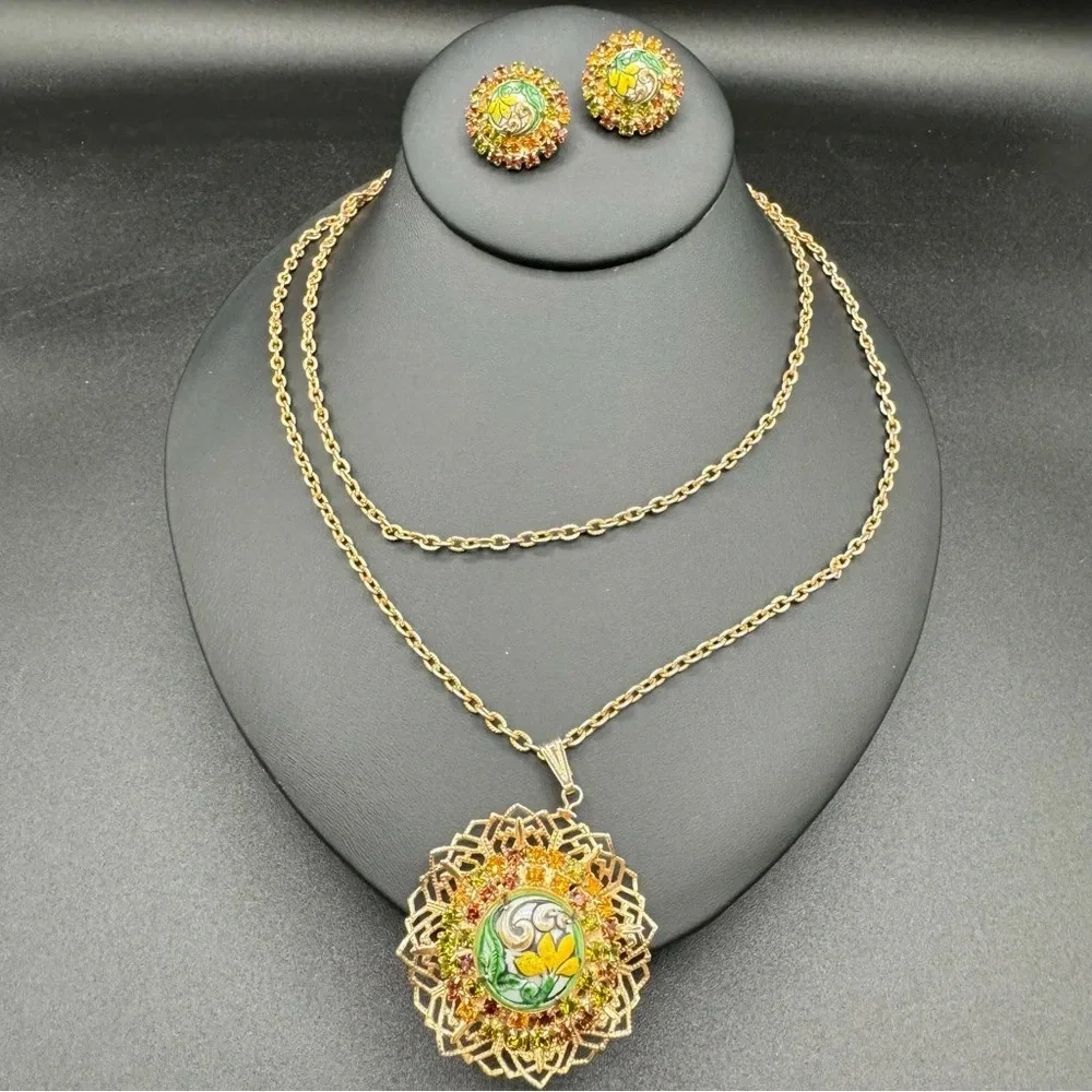 Vintage 1920s Art Nouveau Style Austrian Crystal Gold Tone Floral Necklace Set - Picture 5 of 17
